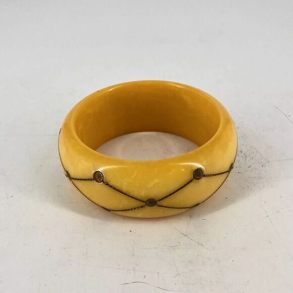 Rare Butterscotch Bakelite Bangle Bracelet Brass Injection Dot - Picture 2 of 5